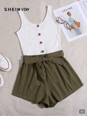 SHEIN White Ribbed Button Tank with Olive Tie-Waist Shorts Romper